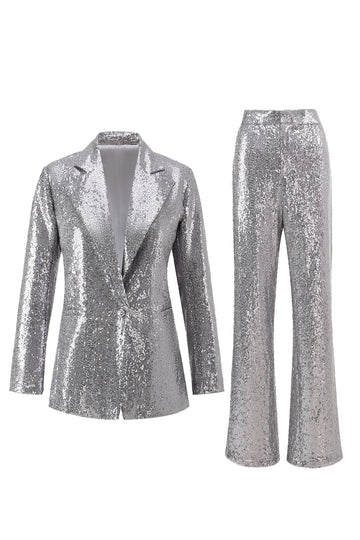 Silver Sequin Notched Lapel 2 Pieces Prom Suits